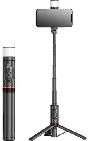 KOMI Perche à Selfie avec lumière - Trépied de téléphone Extensible avec télécommande sans Fil Rechargeable Tout-en-Un Compatible avec iPhone 16 15 14 Pro Max, Samsung, Android, iOS