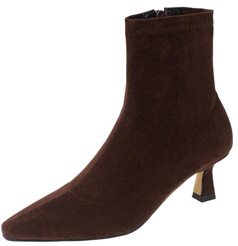 CUTEHEELS Stivaletti da donna Comfort in Camoscio Sintetico con Pizzo Quadrato e Tacchi Kitten, marrone, 36 EU