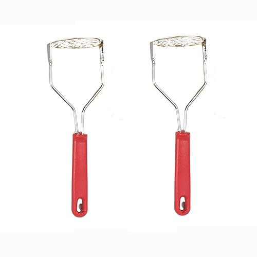 GANDUNQI Stainless steel potato masher, garlic press kitchen cooking tool, sweet potato masher non-slip handle sweet potato presser -red