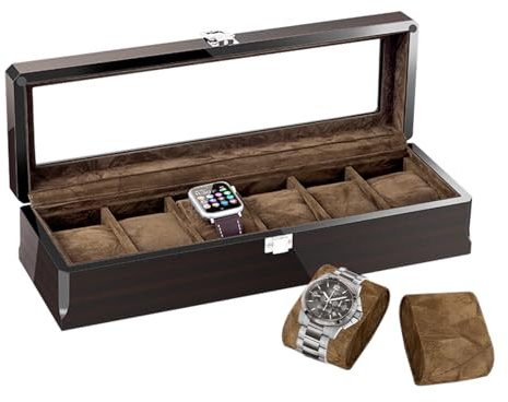 RichLuck Boîte à montres avec 6 emplacements, organiseur de montres en bois massif avec grand couvercle en verre, boîte à montres classique en ébène pour homme, boîte de présentation avec coussin
