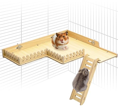 Fhiny Wooden Platform for Cage, Hanging Gerbil Climbing Platform with Ladder & Fence - Hamster Activity Playground Habitat Decor Cage Accessories for Dwarf Hamster, Gerbil, Mice, Rat, Mouse