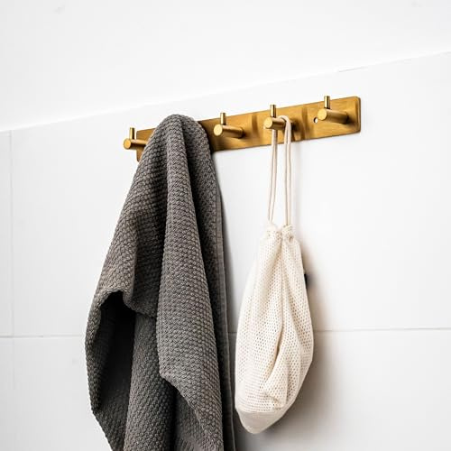 ELMOWO - Edelstahl Hakenleiste mit 5 Haken ohne Bohren selbstklebend inkl. Spezialkleber (extrem sicherer Halt) Für Bad und Küche - Für Küchenartikel und Badutensilien im eleganten Design (gold)