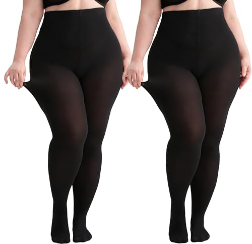 Hiltzo Strumpbyxor dam plus storlek 80D elastiska täckstrumpor för storlek XL, XXL, 3XL, 4XL medium transparens med 10 färger för kontor, vardag och speciella tillfällen, 2 par svarta, XXL stor