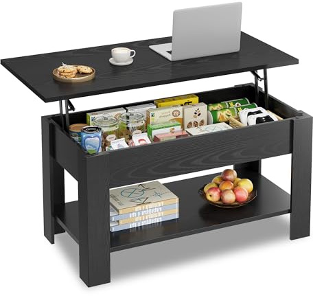 WLIVE Mesa de Sofá Centro con revistero, Mesa de Café elevable, Medidas: 100 cm (Largo) x 45/60cm (Alto) x 48 cm (Fondo) (Negro Carbón)