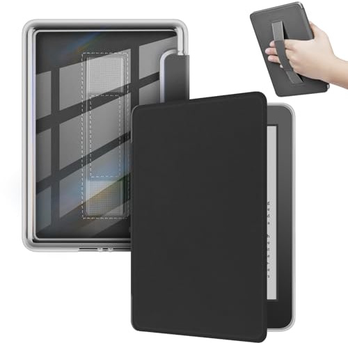 ERUNTO Hülle für 7-Zoll Kindle Paperwhite (12. Gen.), Signature Edition & Colorsoft, Transparenter Acrylrücken, Magnetische Abdeckung mit Handschlaufe, Auto Aufwachen/Schlafen(Schwarz)