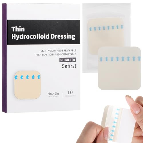 Hydrocolloid Dressing 5cm x 5cm Thin Wound Dressings Adhesive Bandages for Light Exudate, Blister, Acne, Superficial Wound Care, Faster Healing 10 Pack