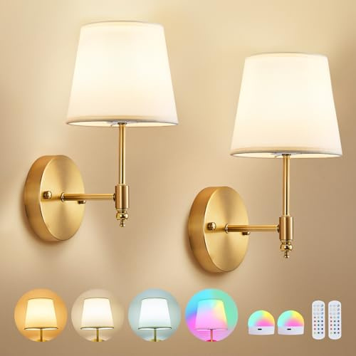 Gold Rechargeable Wall Lights Set of 2 Fabric Shade Wireless Wall Lights | Battery Operated Wall Lights with Remote Control 15 RGB Colors Cordless Wall Lamp for Indoor Bedroom Living Room