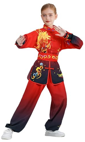 RUNQHUI Boys Girls Dragon Chinese Kung Fu Master Tai Chi Uniform Top Shirt Pants Set Martial Arts Outfit A Red Black 15-16 Years