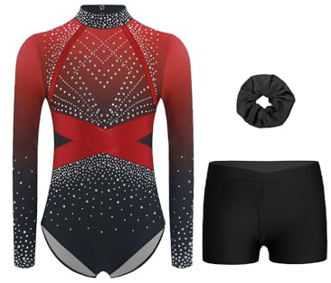Miutii Mädchen Turnanzug Glitzer Gymnastikanzug Langarm Ballettanzug mit kurze Hose Haarband Gymnastik Leotard Eislaufen Tanzkostüm