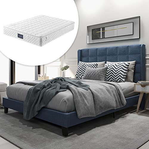 vutizal Sängklädsel, sängram, enkelsäng, dubbelsäng, 140 x 200 cm, blått linne | 7-zons madrass, ribbotten, sänggavel | komplett set H3 hårdhet | Modern konstruktion
