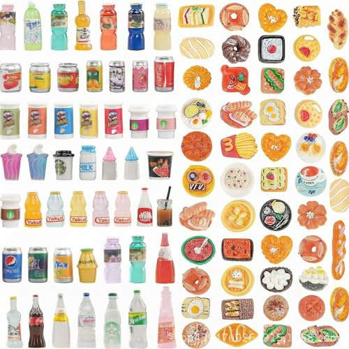 100-teiliges Miniatur-Lebensmittel- und Getränke-Set, Mini-Spielzeug, Puppenhaus-Küchenzubehör, Maßstab 1:12, realistische Limonadendosen, Brot, Pommes Frites für Partygeschenke, Puppenhaus-Zubehör