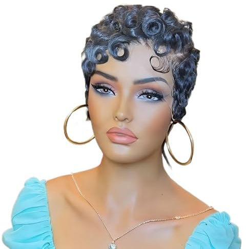 Perruque de cheveux humains brésiliens vierges, coupe Pixie, avant en dentelle, 13x4, cheveux bouclés courts en couches avec frange pour Femme Charmant(GRAY)