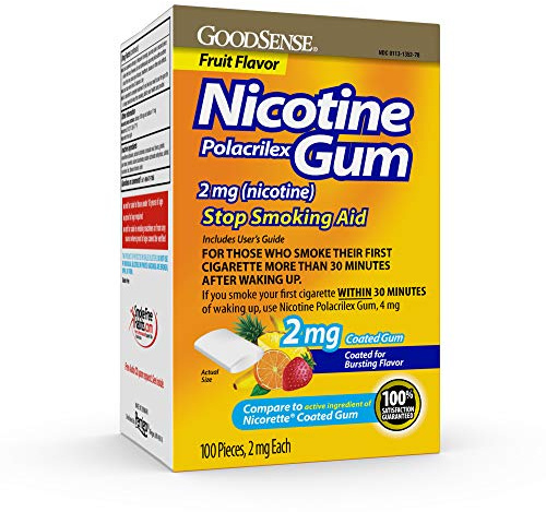 GoodSense Nicotine Polacrilex Coated Gum 2 mg (nicotine), Fruit Flavor, Stop Smoking Aid; quit smoking with nicotine gum, 100 Count