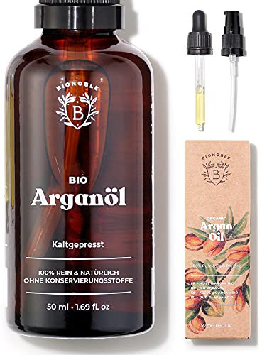 Bionoble Arganöl Bio 50ml - 100% Rein, Natürlich, Kaltgepresst - Gesicht, Körper, Haar, Bart, Nägel - Vegan und Cruelty Free - Argan Oil - Glasflasche + Pipette + Pumpe