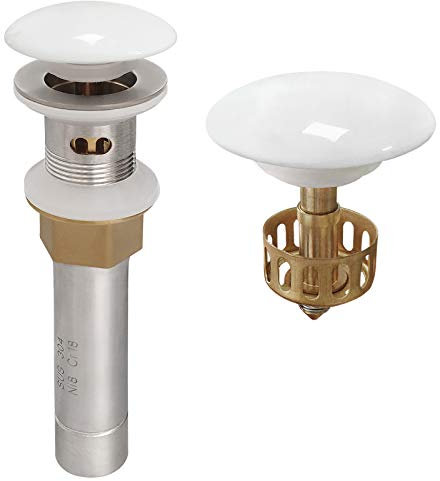 GZILA Bathroom Pop Up Drain, Vessel Sink Drain with Removable Stopper and Anti-Clogging Basket Hair Catcher, White Porcelain Cap Vanity Strainer with Overflow, Brushed Nickel