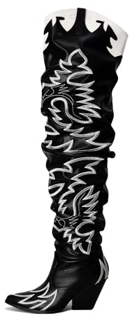 Cape Robbin Botas vaqueras para mujer, hasta el muslo, por encima de la rodilla, botas vaqueras de tacón grueso para mujer (KELSEY-21), Pu Negro, 37.5 EU