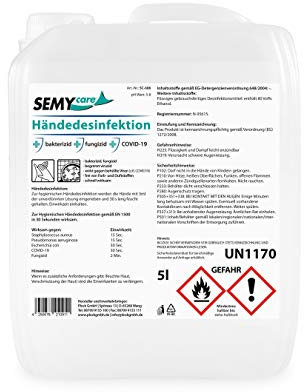 Hände-Desinfektionsmittel | 80 Vol% Alkohol | schnell wirksam gegen Viren & Bakterien | 5l | frei von Farb- & Duftstoffen | geruchsneutral & rückfettend | BAuA zugelassene Mischung sofort anwendbar