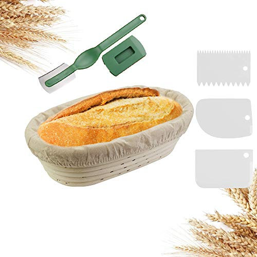 EMAGEREN Gärkörbchen Set ø 25cm Gärkörbchen Oval Banneton Gärkorb Handgefertigter Rattan-Korb Brotform Brotkorb Brot Gärkörbchen mit Leineneinsatz, Gebogenes Brotmesser, Teigschaber Set