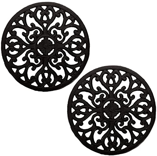 Hedume 2 Pack Cast Iron Trivet, 6.8/17.3cm Cast Iron Round Trivet with Vintage Pattern and Rubber Pegs/Feet for Serving Hot Dish, Pot, Pans and Teapot on Kitchen Countertop or Dinning