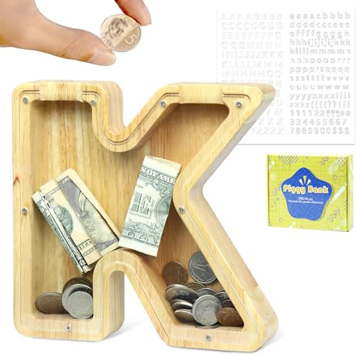 LEcylankEr Spardose Kinder Personalisierte A-Z Alphabet Sparbüchse Holz Spardose Dekoration Kreative groß Sparschwein als Geschenke für Geburtstag, Weihnachten und Thanksgiving (K) | Holz Spardose Dekoration Kreative Sparschwein als Geschenke für Geburtstag, Weihnachten und Thanksgiving