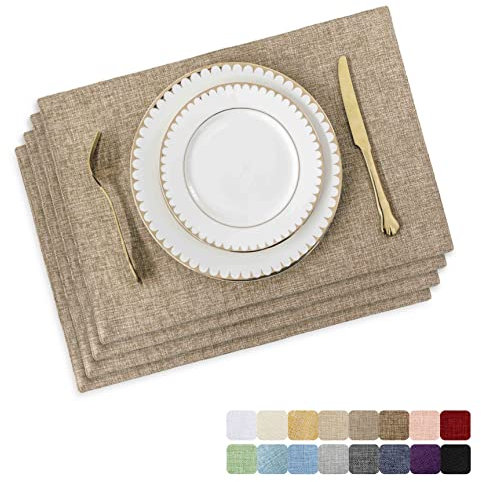 Home Brilliant Fabric Place Mats 4 Pcs, Lined Linen Washable Table Mats, Heat Resistant Table Placemats for Kitchen Restaurant Autumn, 33 x 48 cm, 13x19 Inches, Natural Linen