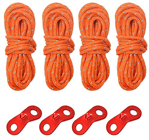 LUMoony 4Pcs 3mm Reflektierende Abspannseile für Zelt Campingzelt Winddichtes Seil Reflective Zelt Guy Line Leuchtend Spannschnur Abspannleine mit Aluminiumspanner Einsteller mit 4Pcs Seilspanner