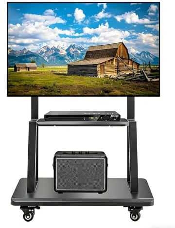 Hellsehen Mobilt TV-stativ, rullande TV-vagn på hjul höjd justerbar kraftig golvstativ bas för 32–75 tums LCD LED OLED platta panelskärmar smartboard rörlig rymmer upp till 100kg med hylla