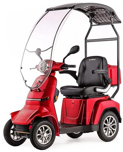 VELECO GRAVIS - 4-Rad-Mobilitätsroller mit Dach - komplett montiert und einsatzbereit - sicher und stabil - volle LED-Beleuchtung - geräumiger Stauraum & Getränkehalter (Rot)