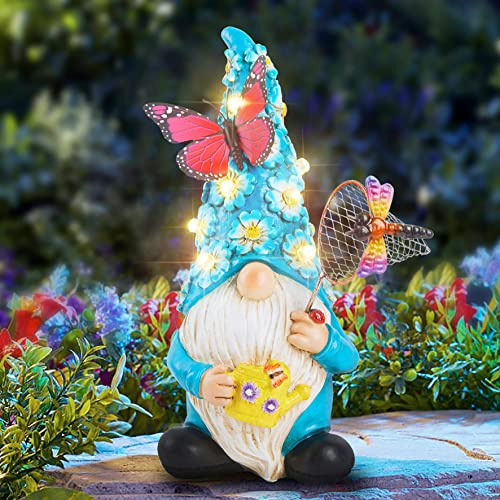 Foreby Statues de nain de jardin pour décoration extérieure - Statue de nain de jardin avec papillon sur fleurs lumineuses à LED - Sculpture de nain pour terrasse, cour, pelouse, décoration