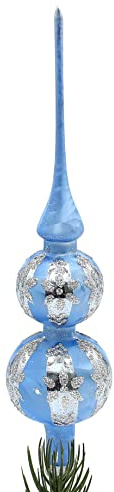 Dekohelden24 Lauschaer Christbaumschmuck - Christbaumspitze Helllau Eislack mit Glitter Dekor in Silber, Blume, Länge ca. 30 cm