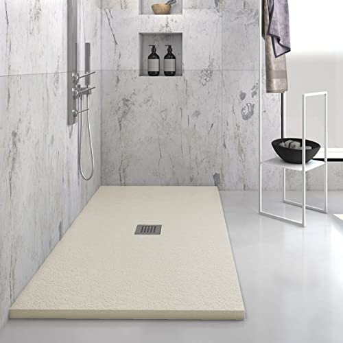 Yellowshop - Piatto doccia rettangolare marmoresina base 90 cm h 2,5 cm HEAVY Sabbia con sifone, piletta e copripiletta inox (Cm 90x100)