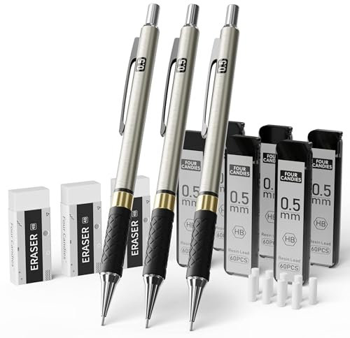 Four Candies Druckbleistift Set, 3 Stück Metall Minenbleistift 0,5 mm, Mechanische Bleistifte mit 360 Stück HB-Minen, 3 Radiergummis und Etui, Druckbleistifte zum Schreiben und Zeichnen für Ingenieure
