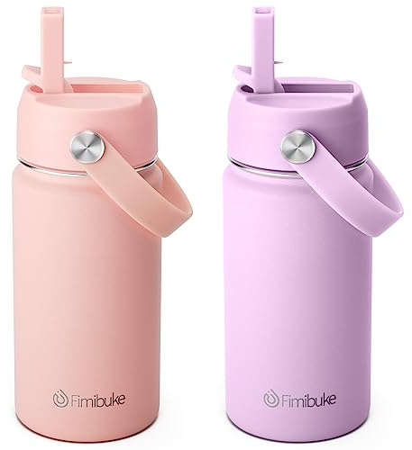 Fimibuke Kids Insulated Water Bottle, 14oz BPA FREE Double Wall Vacuum Tumbler 18/8 Stainless Steel Leak Proof Kids Cups with Straw Metal Water Bottle for School Boys Girls (2 Pack, Milky Pastel)