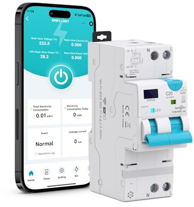 Wifi Interruptor Diferencial Superinmunizado, 30-100 mA Rearmable Auto | Protocolo WiFi RCBO/ 1P+N, 230vac , Clase AC 6Ka, 1-20 A / Rearme Automatico con Sobrecorriente y Fugas Carril Din