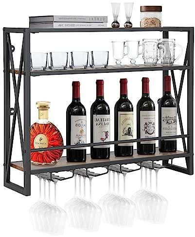 COSTWAY Estante de Vino Industrial de Pared, Estante de Vino de Pared de 3 Niveles con 4 Portavasos para Copas, Soporte de Botellas de Vino Colgante de Metal para Bar Cocina (80 x 20 x 63 cm)