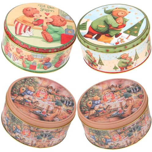 DOITOOL 4 Pack Christmas Cookie Tins with Lids, Small Round Metal Christmas Tins Empty Cookie Jar for Baking Biscuits Chocolate Snack Storage Holiday Party Favors (Lovely Bear Style)