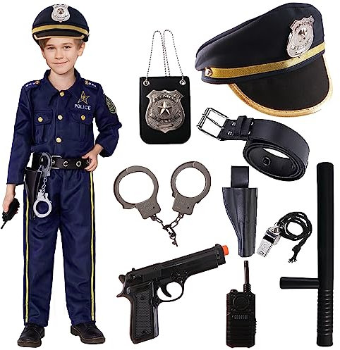 Polizei Kostüm Kinder Jungen, Polizist Kostüm Kinder Faschingskostüme Karneval Polizei Kinder Cosplay, 11 Stück Polizei Zubehör Handschellen Polizeimütze Spielzeugpistole Walkie-Talkie