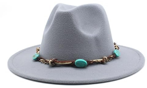 NOAMED Fengyan Mützen Melone im westlichen Stil mit türkisfarbener Kette, Harz-Accessoires, Jazz-Hut, Wollfilzhut im europäischen und amerikanischen Stil (Farbe : Hellgrau, Größe : 6 7/8-7 1/8)