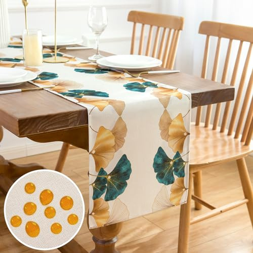 Inhobbok Runner da Tavolo Lavabile in Poliestere, Tovaglia Decorativa con Foglie di Ginkgo Blu Verde Moderno, Impermeabile, per Sala da Pranzo, Soggiorno All'aperto, Feste