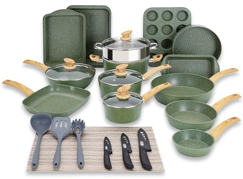 Kitchen Academy Ensemble de casseroles et poêles antiadhésives, 30 pièces pour induction, ustensiles de cuisine et ustensiles de cuisson, revêtement en granit vert