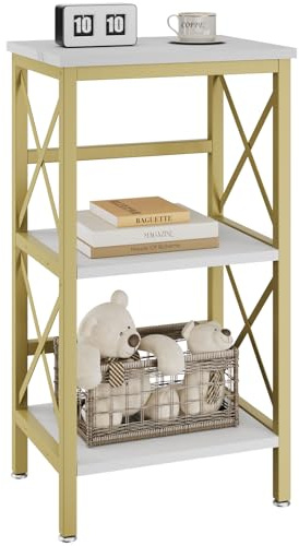 YMYNY Bücherregal, Standregal mit 3 Ablagen, Stabiles X-Rahmen, 40×29×75cm, für Wohnzimmer, Schlafzimmer, Küche, Arbeitszimmer, Badzimmer, Marmormuster weiß und Gold HST008W