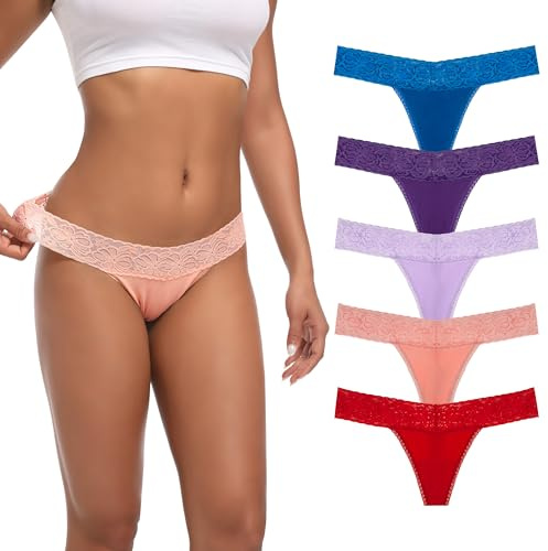 Auithery Tangas para Mujer, Sexy, de Encaje, de algodón, cómodas, Suaves, Tanga, Tallas XS-4XL, Paquete de 5, 5 Tangas de algodón de Encaje Brillante, S