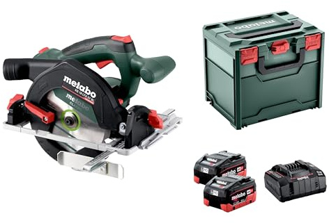metabo Akku-Handkreissäge KS 18 LTX 57 BL - 18 V, CAS, 57 mm Schnitttiefe, 165 mm Sägeblatt-Ø, präzise Schrägschnitte bis 50° - Softgrip, Auslaufbremse - Inkl. 2 Akkus 8.0 Ah, Ladegerät und metaBOX