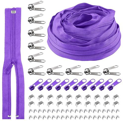 Rustark 1 Rolle 9,14 m / 10 Yard #5 Dunkel Lila Reißverschluss Set Nylon Zippers Reissverschluss Teilbar mit Reißverschluss Schieber, Endkappen und Deckstopps Nylon Zipper für Nähen DIY Basteln