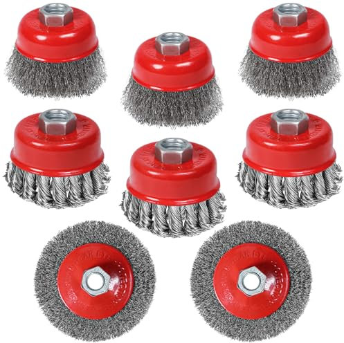 8-Teilige drahtbürste für winkelschleifer, Gewinde M14x2 Winkelschleifer-Topfdrahtbürste Durchmesser 75 mm und 100 mm, Stahlbürstendrahtrad zum Reinigen, Entrosten und Schleifen