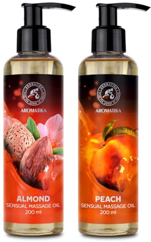 Sinnliches Massageöl Set 2x200ml - Mandel & Pfirsich - Körperöl mit Mandelöl und Traubenkernöl- Essbar - Natürlich - Kissable Massage Öl - Massageöl für Paare