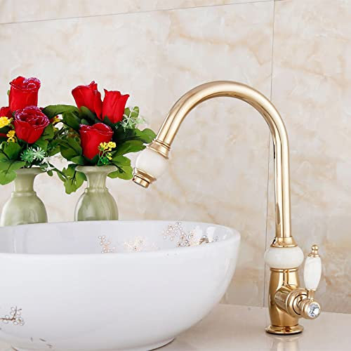 CCKUHN All Copper Gold Natural Jade Undercounter Basin Pull-Out Faucet, Universal Hot and Cold Water Faucet