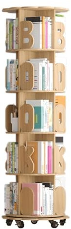 SOLEPOPS Rotierendes Bücherregal, Bücherregal aus Holz, abnehmbares Regal, Dekor, bewegliches Bücherregal mit Rädern, Bücherregale, 5-stufiges stehendes Bücherregal