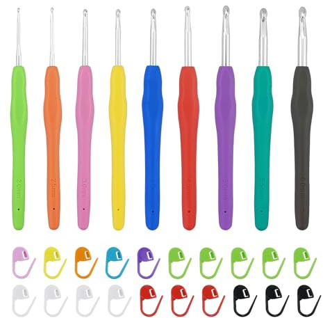 Set di 9 uncinetti multicolori da 2 mm a 6 mm, con 20 marcatori a punta, ergonomici in gomma morbida, comfort grip, Set Uncinetto Ideali Per Principianti E Appassionati Esperti Di Uncinetto