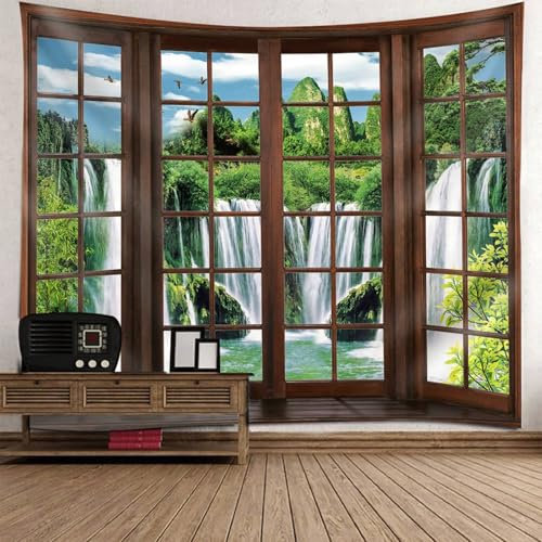 Mesnt Wandbehang Natur Bild Fensterblick, 260x240cm Französisches Fenster und Bergwasserfalllandschaft Natur Landschaft Wandteppiche Wandtuch Deko Schlafzimmer | Grün Weiß Braun